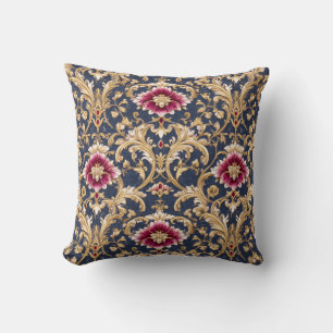 Coussin Baroque Floral Royal sur Fond Bleu Profond
