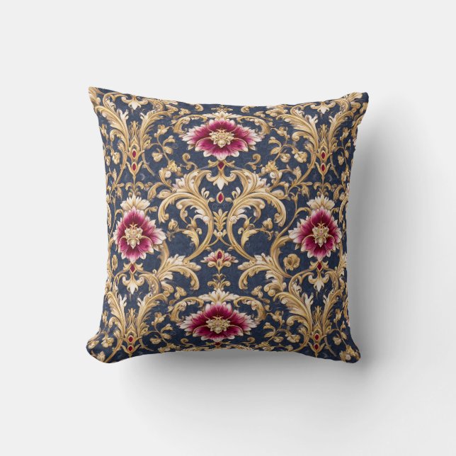 Coussin Baroque Floral Royal sur Fond Bleu Profond (Recto)