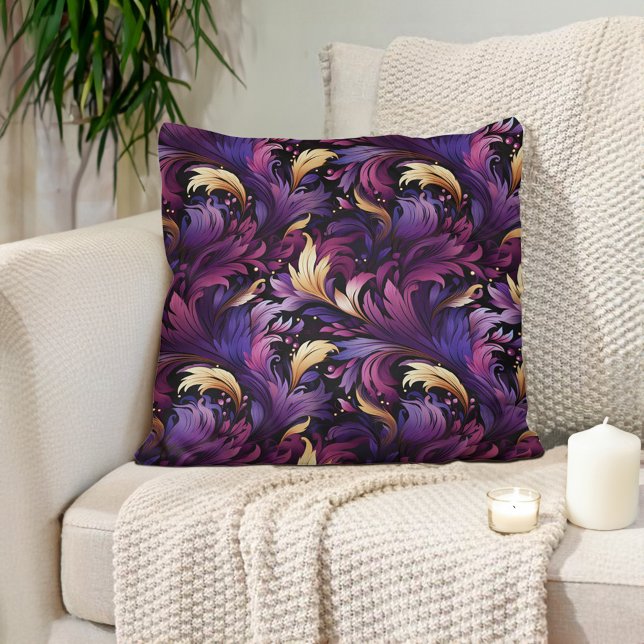Coussin Baroque Orné Or Rose Violet  (Deep plum purple and gold baroque-style luxury decorator pillow)