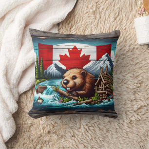Coussin Barrage de l'édifice Beaver près du drapeau canadi