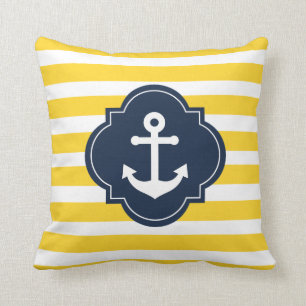 Coussin barré par Ancre nautique blanche et jaune