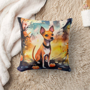 Coussin Basenji d'Halloween avec citrouilles effrayant