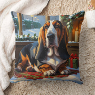 Coussin Basset Hound avec lumières de Noël vacances