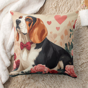 Coussin Basset Hound avec Roses - Saint Valentin