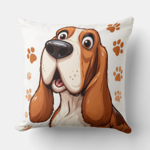 Coussin Basset Hound Joyeux avec Empreintes de Patte Orang