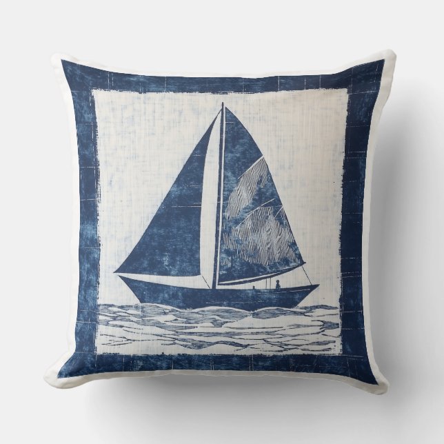 Coussin Bateau à voile bleu et blanc Lancer l'oreiller (Recto)