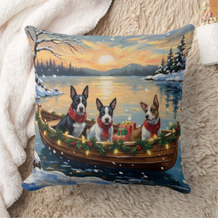 Coussin Bateau de Noël de Bull Terrier pour les Fêtes