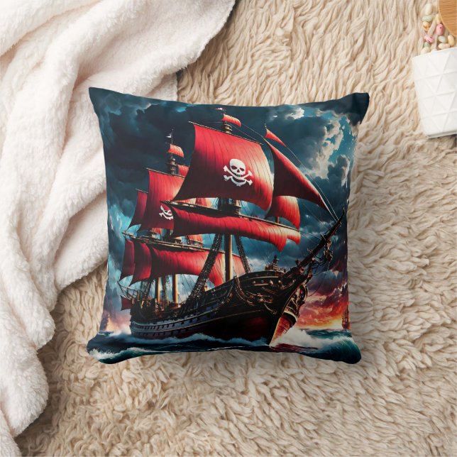 Coussin Bateau Pirate à voile rouge naviguant sur les mers (Couverture)