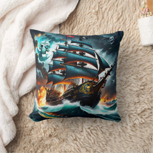 Coussin Bateau Pirate Noir Naviguant À Travers Des Mer Ora