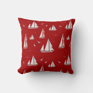 Coussin Bateaux à voile et mouettes sur le rouge