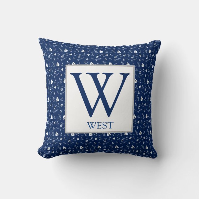 Coussin Bateaux à voile nautiques bleu marine Initiale  (Recto)