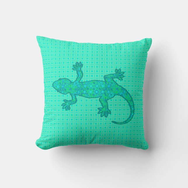 Coussin Batik tribal Gecko - turquoise / paon (Recto)
