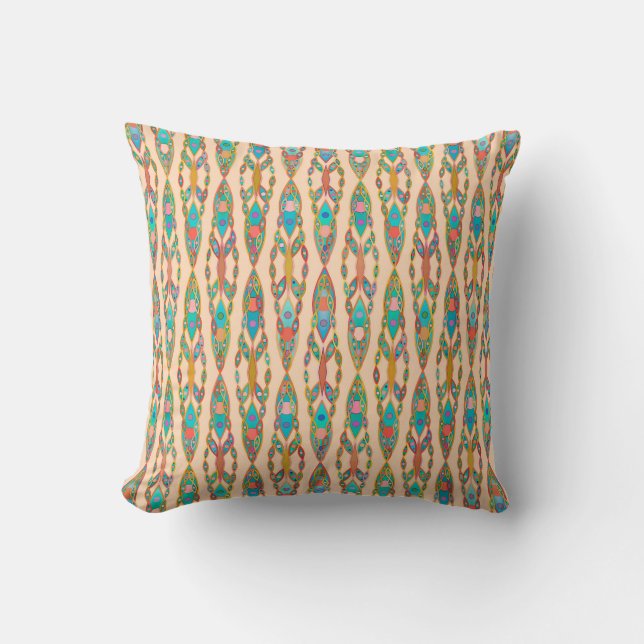Coussin Batik Tribal - Peach rose et Turquoise (Recto)