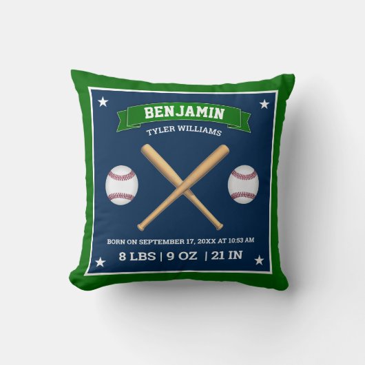 Coussin Bâtons de baseball verts et bleus et statistiques  (Recto)
