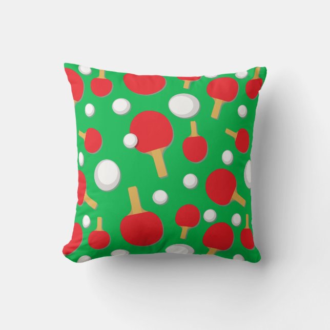 Coussin Bats et balles de tennis de table Motif sur vert (Recto)