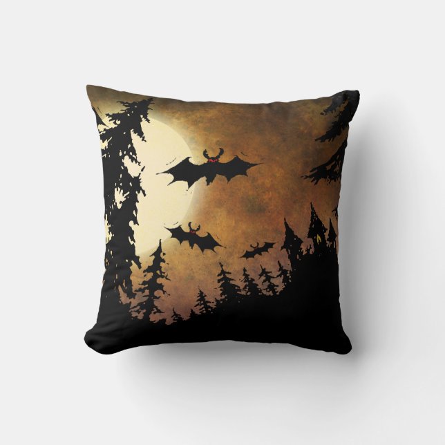 Coussin Battes, château et lune de Halloween (Recto)