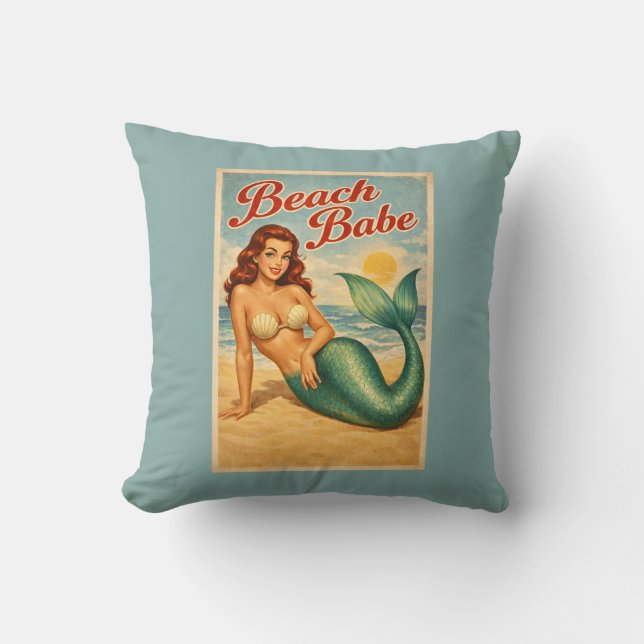 Coussin Beach Babe Pin-Up Mermaid Retro Coastal Life Blue (Recto)