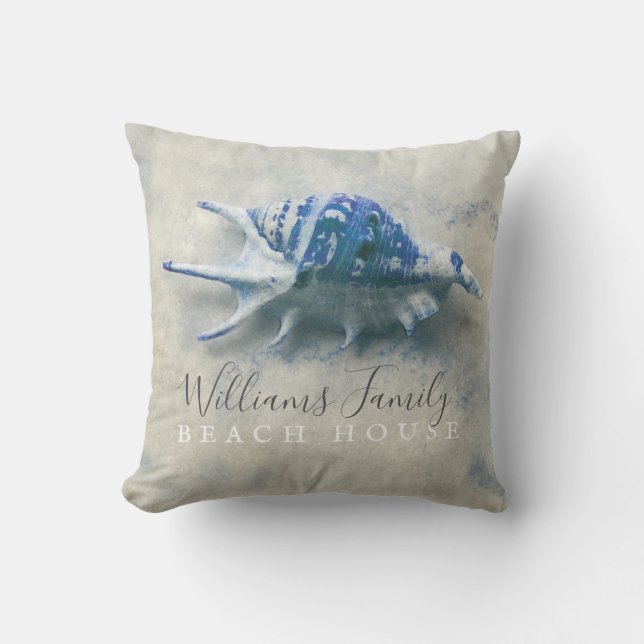 Coussin Beach Blue Seashell Nom de famille Jeu d'oreiller (Recto)