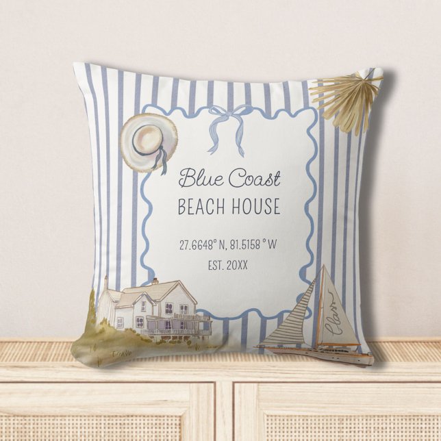 Coussin Beach House Blue Coastal Chic Blue Stripes (In situ)