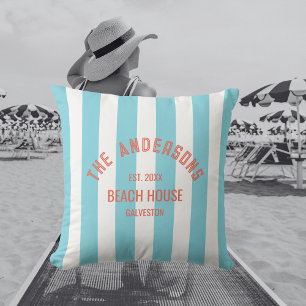 Coussin Beach House Nom personnalisé Blue Cabana Stripe