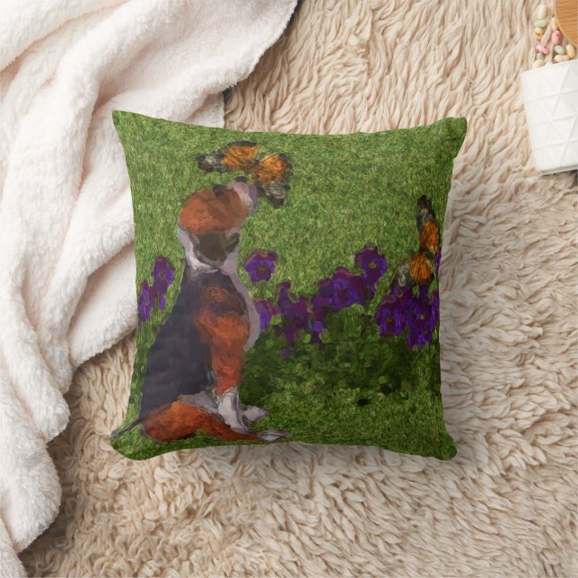 Coussin Beagle Puppy Butterflies Flowers Dog Art (Couverture)
