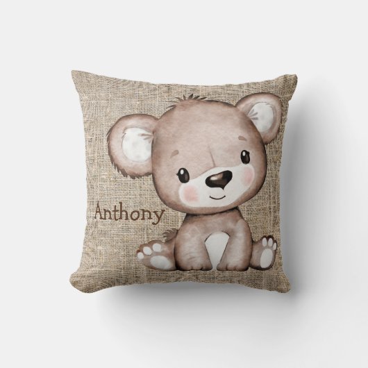 Coussin Bear Burlap Nom Rustique Aquarelle (Recto)