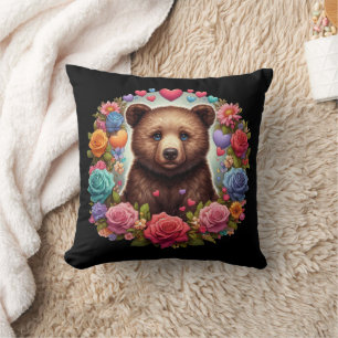 Coussin Bear Cub Entouré de Roses et de coeurs