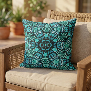 Coussin Beau Aqua Turquoise Turquoise Ethnic Mosaic Art