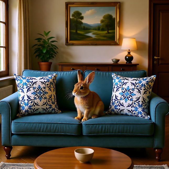 Coussin 💙 Beau azulejos bleu, Taille carrelage moyen (💙 Beautiful blue Azulejos, Medium tile size Throw Pillow)