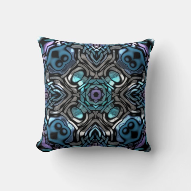 Coussin Beau bleu, pourpre et motif d'argent (Recto)
