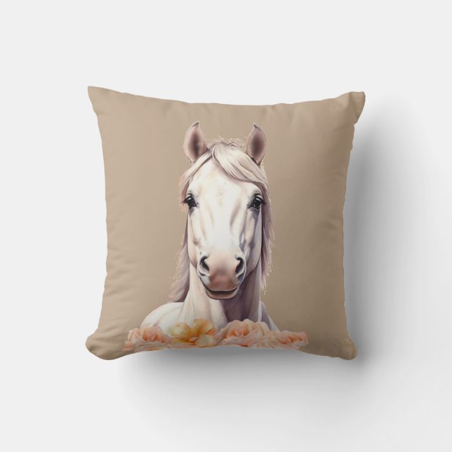 Coussin Beau cheval et fleurs roses sur fond beige (Recto)