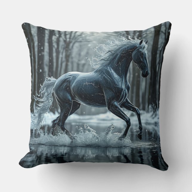 Coussin Beau Cheval Noir Galopant Dans L'eau (Recto)