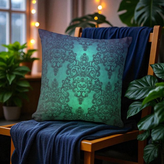 Coussin Beau Damassé Bleu Turquoise Vert (Créateur téléchargé)