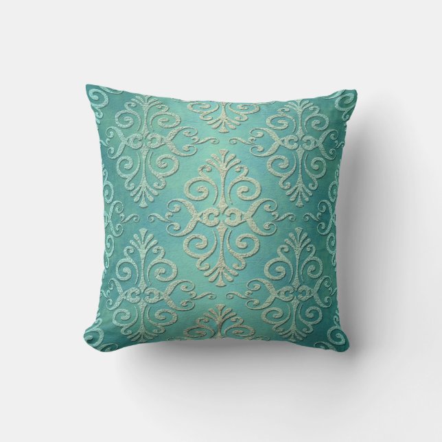 Coussin Beau Damassé Vert Sarcelle en Distress (Recto)