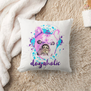 Coussin Beau Français Bulldog visage rose bleu Dogaholic