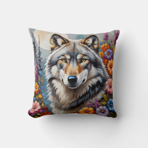 Coussin Beau loup gris et fleurs