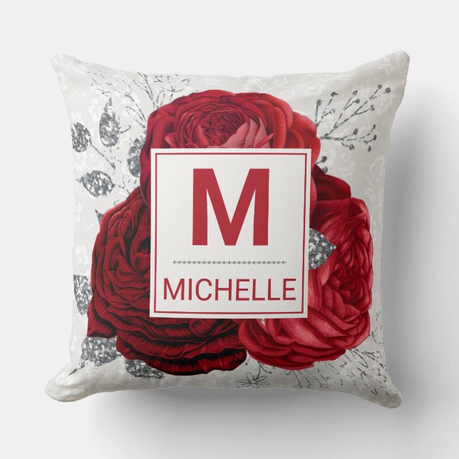 Coussin Beau Monogramme de Fleurs Rouge Profond et Argent (Recto)