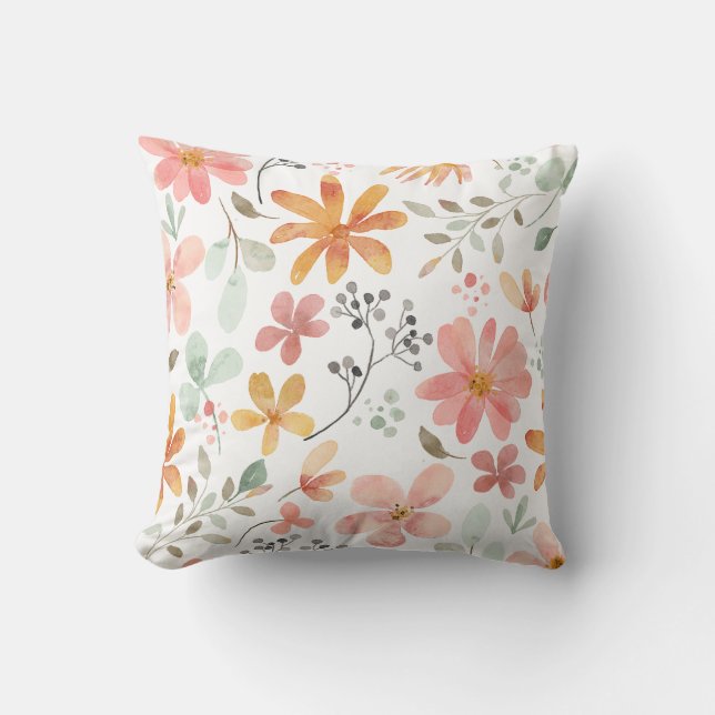 Coussin Beau Motif à fleurs rose orange blanc (Recto)