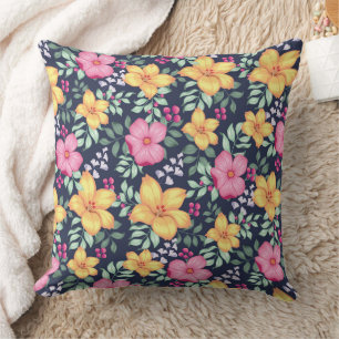 Coussin Beau motif floral Fleurs Feuillage Bleu Rose