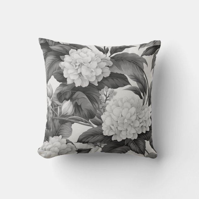 Coussin Beau motif floral noir et blanc classique (Recto)