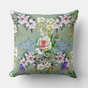 Coussin Beau motif floral Rose Fleur sauvage vert