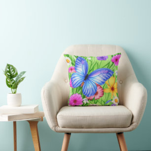 Coussin Beau Papillon Bleu avec fleurs Aquarelle