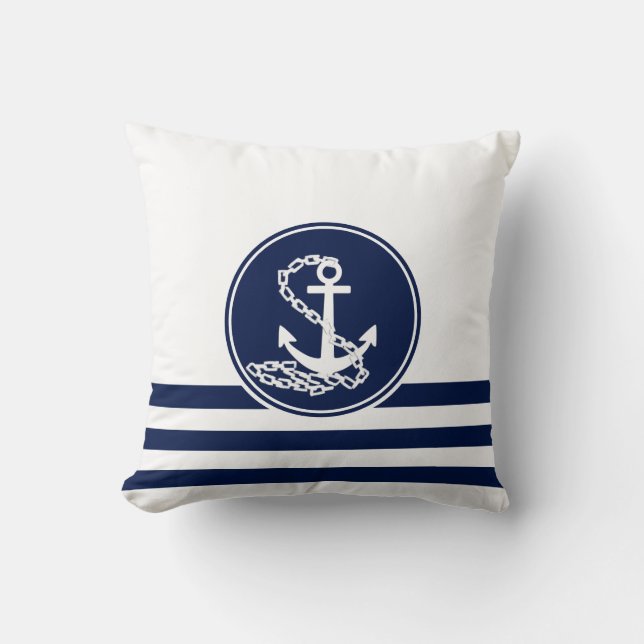 Coussin Beau Style Maritime Blanc Et Bleu, Ancre (Recto)