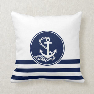 Coussin Beau Style Maritime Blanc Et Bleu, Ancre