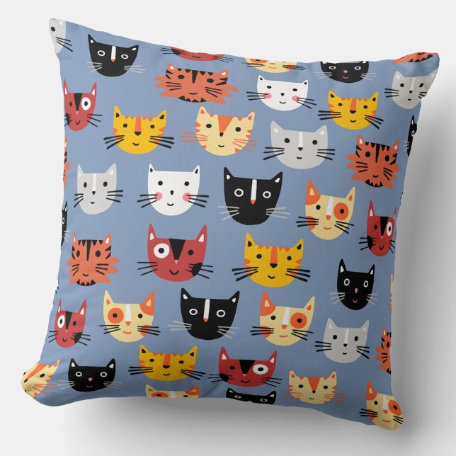 Coussin Beaucoup de chats (Funny kitty cat faces blue throw pillow)