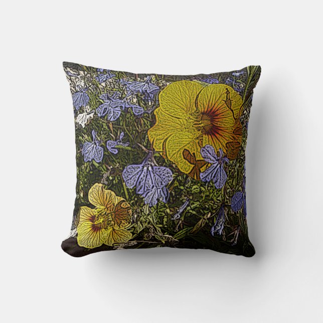 Coussin beaucoup de fleurs jaunes bleues et blanches conte (Recto)