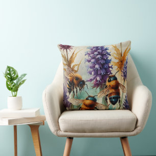 Coussin Beauté éclatante Abeilles et fleurs aquarelles