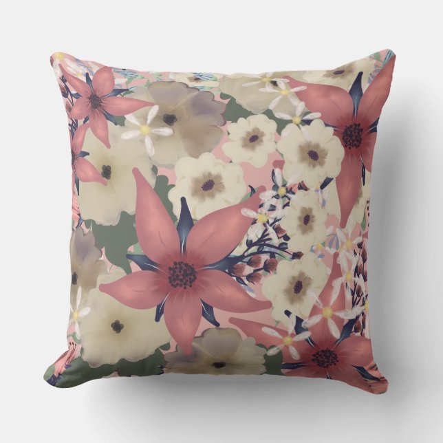 Coussin Beauté florale | Coral rose et fleurs de marine (Recto)