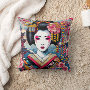 Coussin Beauté orientale Geisha Maiko sakura fleurs vagues