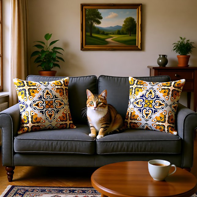 Coussin 💛 💙 Beaux Azulejos bleus et jaunes, (💛💙 Beautiful blue and yellow Azulejos, Throw Pillow)